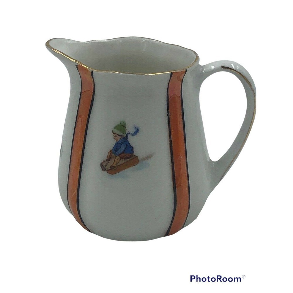 Porcelain Children Hand Painted Pitcher Artist Signed CD Creamer Milk Vintage